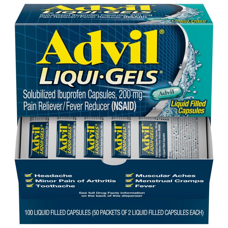 Advil Liqui-Gels Pain Reliever and Fever Reducer Pain Medicine for Adults with Ibuprofen 200mg for Headache Backache Menstrual Pain and Joint Pain Relief - 50x2 Liquid Filled Capsules