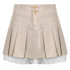 Khaki Small Pleated Skirt with Lace Stitching