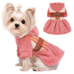 Dog Sweaters for Small Dogs Winter Dog Dress Fall Dog Clothes for Small Dogs Girl Fleece Small Dog Sweater Dress with Hooded Pet Coat Pink Warm Plaid Puppy Outfits XS Pink