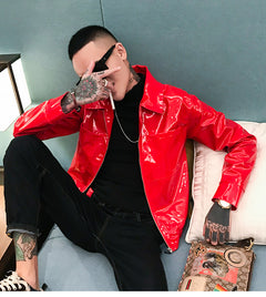Men's Motorcycle Leather Jacket with Lapel Design