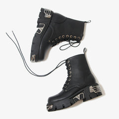 Chunky Sole Motorcycle Boots with Vintage Lace-Up Design