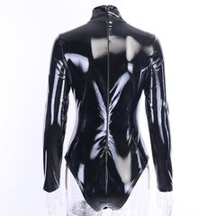Black Long-Sleeved PU Leather Slim Bodysuit