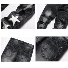 Embroidered Men's Jeans - Slim Fit Motorcycle Style