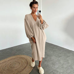 Autumn Long Sleeve Sleep Dress with V-Neck for Women