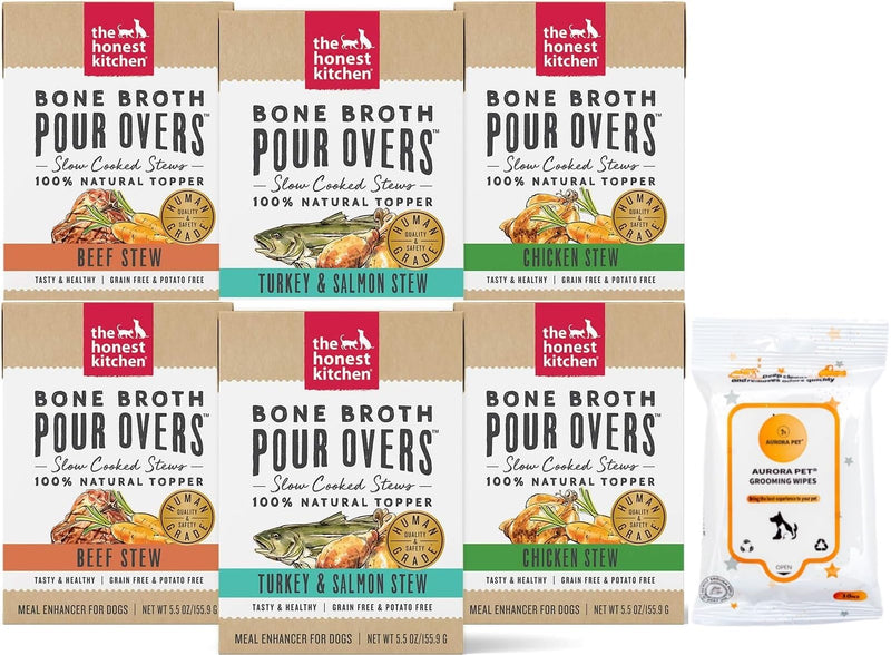 Aurora Pet Variety Pack (6) Bone Broth Pour Overs Wet Dog Food Topper (2) Beef Stew (2) Turkey & Salmon Stew (2) Chicken Stew (5.5 oz Each) with AuroraPet Wipes
