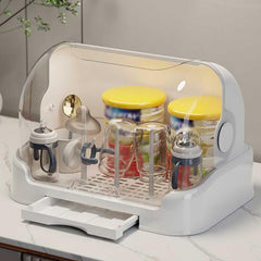 Baby Bottle Drying Rack with Lid Baby Bottle Storage Box with Removable Drain Tray Baby Bottle Rack Dryer Reusable for Bottles Teats Cups Pump Parts and Accessories (E)