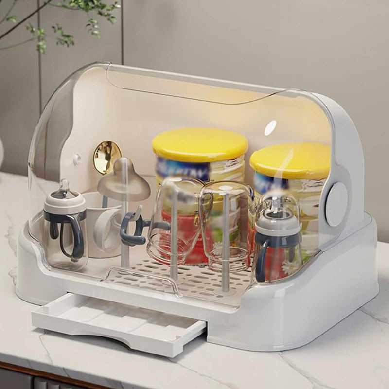 Baby Bottle Drying Rack with Lid Baby Bottle Storage Box with Removable Drain Tray Baby Bottle Rack Dryer Reusable for Bottles Teats Cups Pump Parts and Accessories (E)