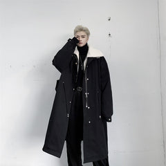 Stylish Long Cotton Coat with Lamb Wool Layered Collar
