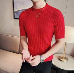 Men's High Collar Slim Fit Striped Knit Shirt Set