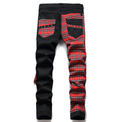 Red Plaid Punk Zipper Jeans with Gothic Hip-Hop Style