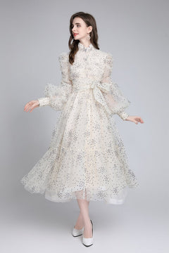 Women's Shiny Silk Print Mesh Star Waist Wrap Dress