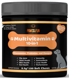 Paws&Fun – Dogs Supplement Multivitamin + Glucosamine for Hip & Joint + Probiotics for Digestion + Omega 3 Salmond Oil for Skin and Coat; 10 in 1 Chews (Peanut Butter 120ct)