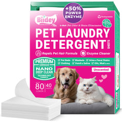 Biidey Pet Laundry Detergent Sheets Dog Cat Urine Enzyme Cleaner Destroyer Bed Odor & Stains Eliminator Dog Drool Smell Remover Pet Hair Remover for Laundry with Pet Dryer Sheets Feature 80 Loads
