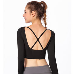 New Women's Long Sleeve Yoga T-Shirt with Cross Back