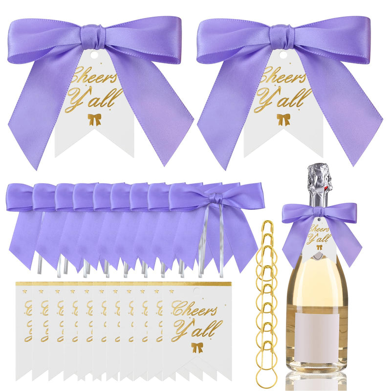 50 Set Satin Ribbon BowsCheers y All Bottle TagsChampagne Bottle Twist Tie Bows with Card for Wedding Birthday Beach Party Baby Shower Bridal Shower Christmas Decoration(Light Purple)
