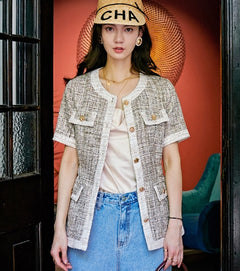 Casual Short Sleeve Jacket for Women, Tweed Style