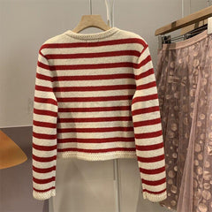 Spring Women's Slim Fit Red & White Striped Cardigan