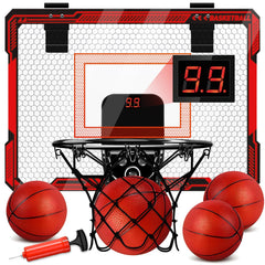 Basketball Hoop Indoor for Kids Over The Door Basketball Hoops with LED Lighting & Audio Scoreboard Mini Basketball Hoop Basketball Toys Gifts for 5 6 7 8 9 10 11 12 Year Old Boys Girls (Red)