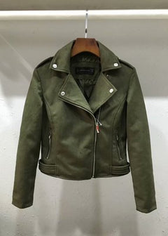 Suede Lapel Long Sleeve Zipper Detail Leather Jacket