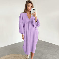 Autumn Long Sleeve Sleep Dress with V-Neck for Women