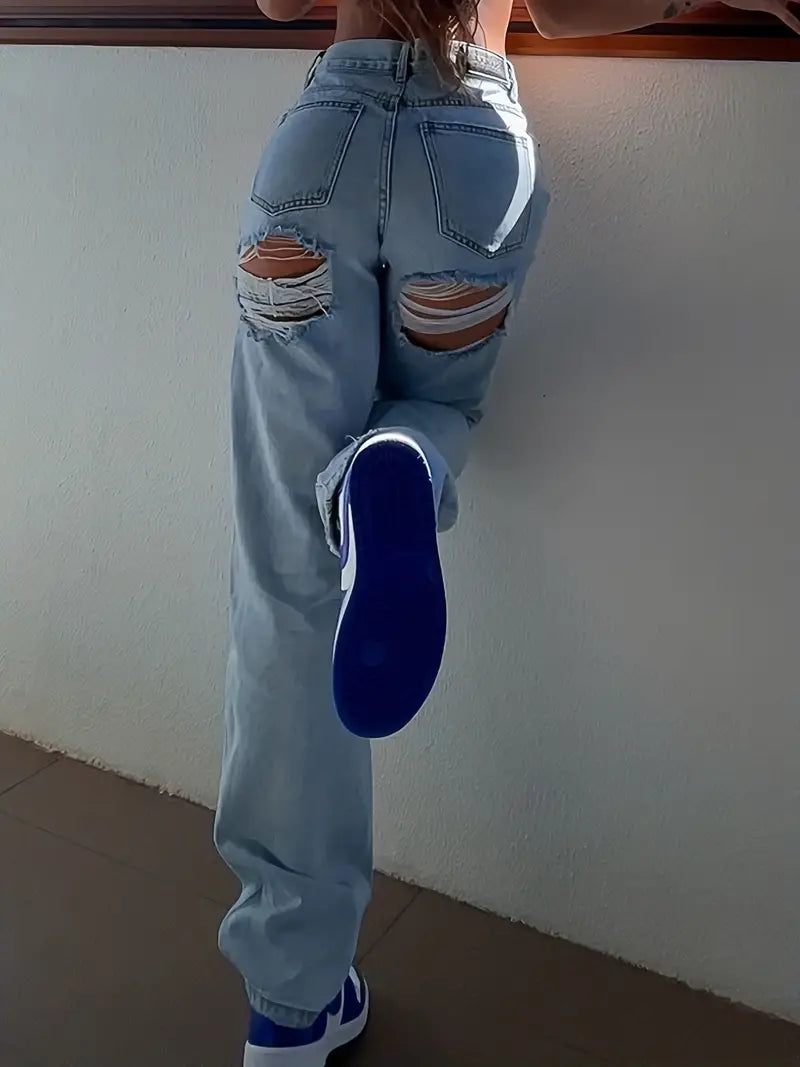 Women's Blue Ripped Straight Jeans with High Waist