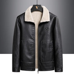 Men's Fleece Leather Jacket with Contrast Color Design