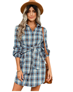 Women's Fashion Plaid Drawstring Waist Dress