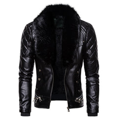 Stylish Solid Color Men's Leather Jacket with Fur Collar