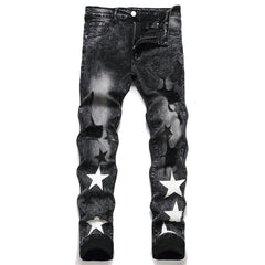 Embroidered Men's Jeans - Slim Fit Motorcycle Style