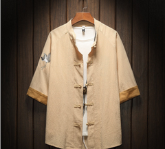 Embroidered Crane Short Sleeve Shirt with Frog Buttons