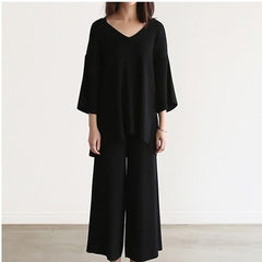 V-neck Blouse and Wide-leg Pants Fashion Set
