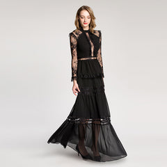 Elegant Lace Sheer Long Dress with Court Style