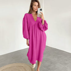 Autumn Long Sleeve Sleep Dress with V-Neck for Women