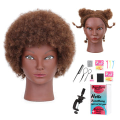 Afro Curly Mannequin Head with 100% Human Hair 10 Cosmetology Manikin Doll Head for Hairdresser Braiding Practice Hairstyling with Free Clamp Holder-Brown