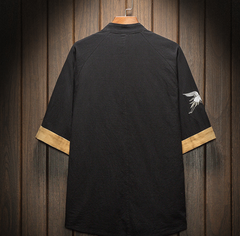 Embroidered Crane Short Sleeve Shirt with Frog Buttons