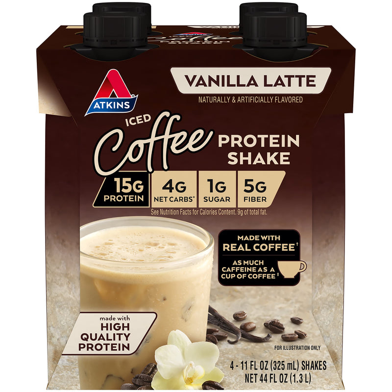 Atkins Iced Coffee Vanilla Latte Protein-Rich Shake Keto Friendly and Gluten Free. (4 Shakes)