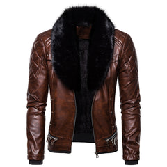 Stylish Solid Color Men's Leather Jacket with Fur Collar