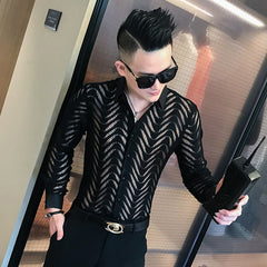 Men's Slim Fit Long Sleeve Lace Mesh Shirt in Red