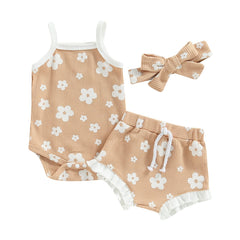 Infant Toddler Baby Girl Spring Summer Outfits Sleeveless Romper Waffle Knitted Bodysuit + Floral Shorts + Headband 3Pcs (WF-Light Khaki 0-3 Months)