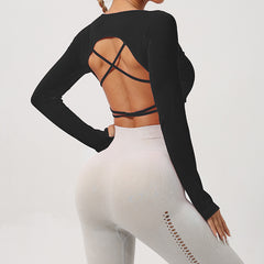New Women's Long Sleeve Yoga T-Shirt with Cross Back