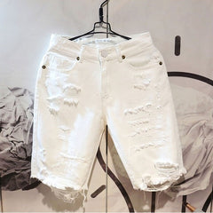 Men's Casual White Ripped Denim Summer Shorts