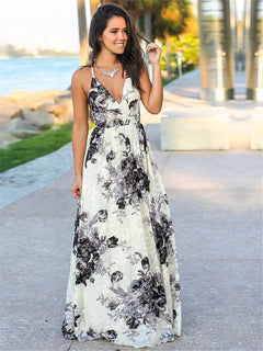 V-neck Floral Flowing Drawstring Long Skirt
