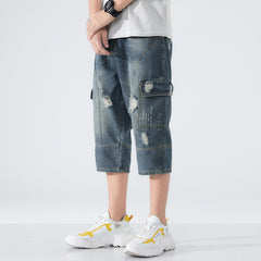 Men's Printed Cropped Jeans with Loose Elastic Waist