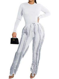 EDITCOZY Women Sexy Two Piece Outfits Fringe Pants Set Long Sleeve Club 2 Piece Sets Going Out Birthday Party Night White 2XL
