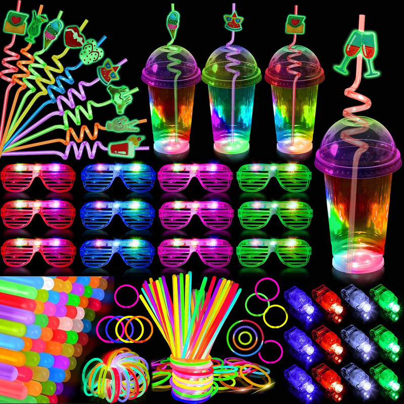 98 PCS Glow in the Dark Party Supplies Light Up Party Favors with 12 Light Up Cups 50 Glow Sticks Bulk 12 LED Glasses 12 Finger Lights 12 Glow Straws Neon Party Supplies for Kids or Adults