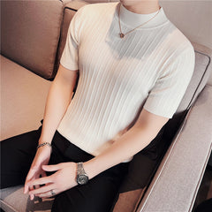Men's High Collar Slim Fit Striped Knit Shirt Set