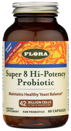 Flora - Super 8 Hi Potency Probiotics 60 Count - Healthy Yeast Balance & Digestive Health - For Men & Women - 42 Billion CFU Raw Gluten Free - Up to 2 Month Supply