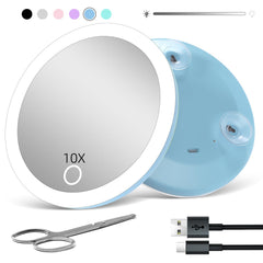 Travel Magnifying Mirror with Light 10X 4inch Rechargeable Lighted Magnified Mirror with Suction Cups Small Magnifying Mirror 10x High Magnification Compact Pocket Makeup Mirror with Scissors