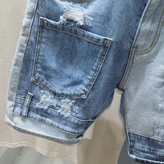 Men's Light Denim Shorts with Patchwork and Holes