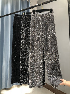 Shiny High-Waist Wide Leg Women's Casual Pants